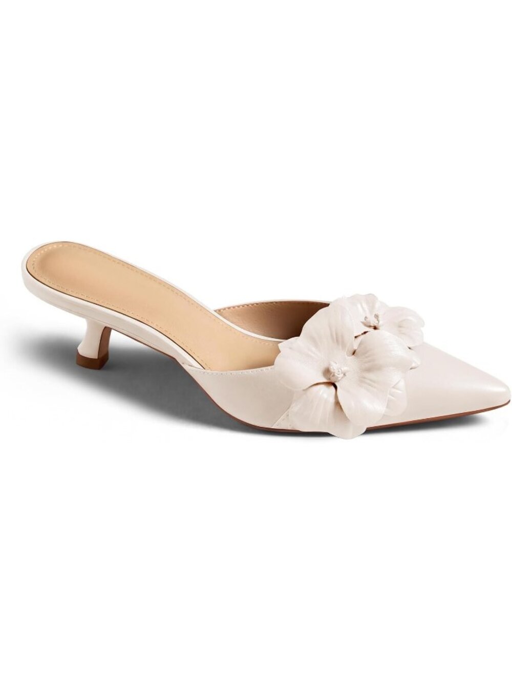 Women's Kitten Heels Low Heel Beige Closed Pointed Toe Flower Slip On Pump Shoes